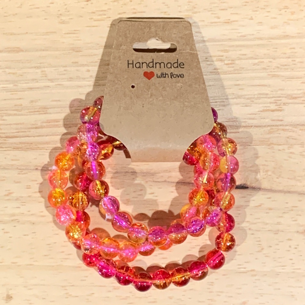Handmade Beaded Bracelet Women OS 3PC Pink Orange Sunset Crackle Glass Stretch